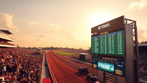 Experience sports betting in British Columbia at a vibrant racetrack bustling with fans cheering on their favorite teams.