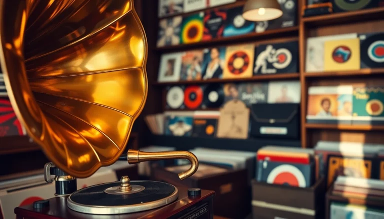 Discover gramaphone records showcased in a vintage music shop with warm lighting.