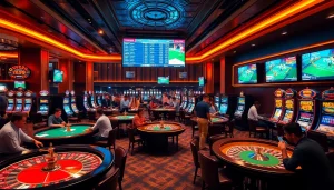 Engaging sports betting scene at VUA99 with vibrant casino elements, showcasing excitement and winning opportunities.