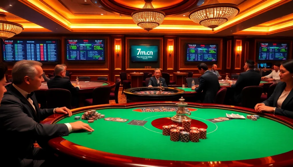 Live poker action at a casino highlighting 7m.cn sports betting odds in a luxurious setting
