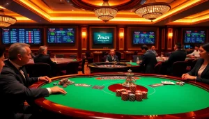 Live poker action at a casino highlighting 7m.cn sports betting odds in a luxurious setting