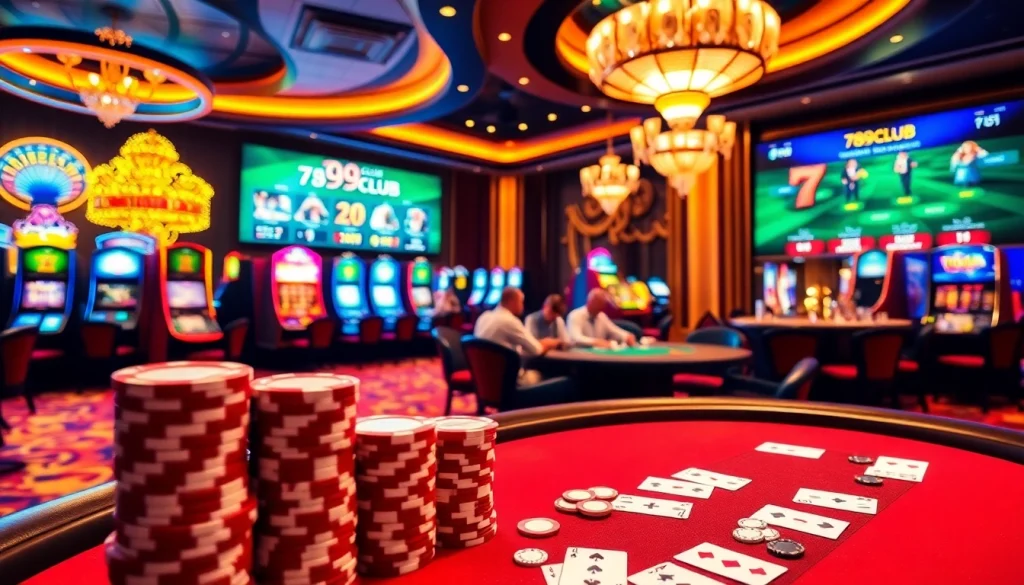 Engaged players at 789club poker table amidst vibrant casino ambiance with slots and roulette.