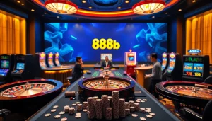 Engaging scene of online gambling featuring "đăng nhập 888b" with professional dealers and vibrant casino elements.