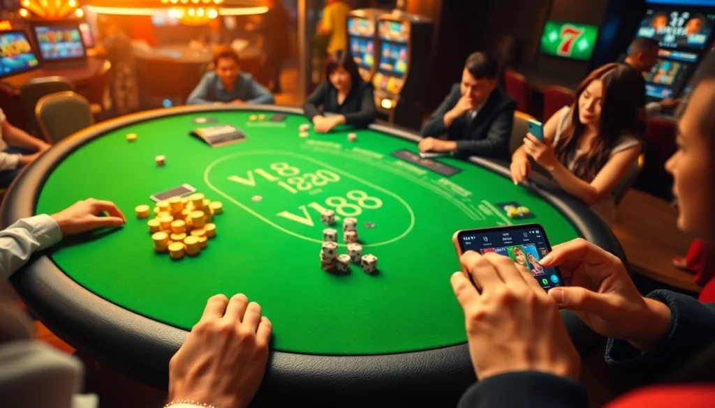 Players engaging in strategic betting at VN88 casino's lively gaming table.
