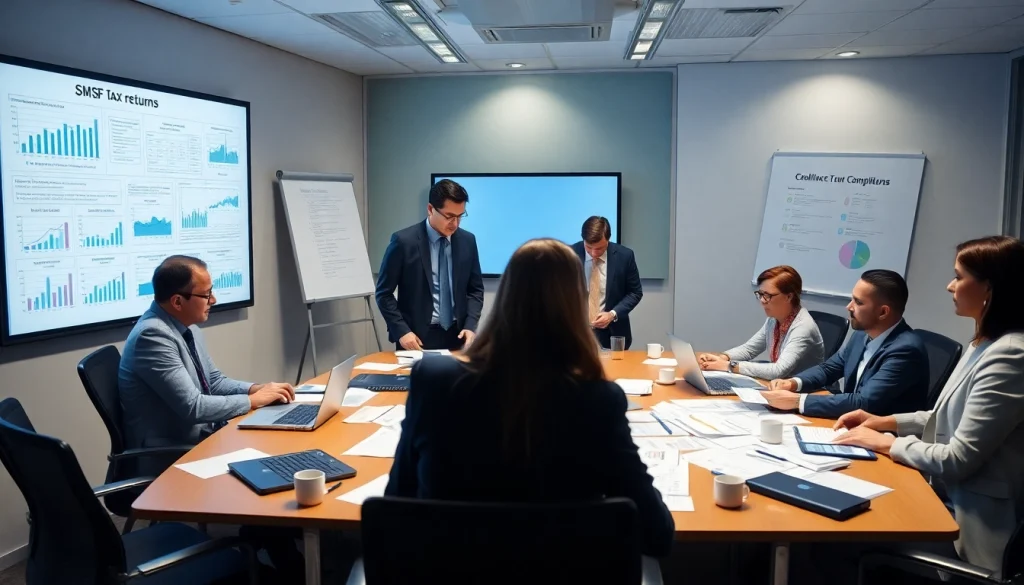 Team of financial experts discussing SMSF tax return strategies in a modern office.