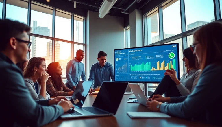 Understanding What is a CRM for WhatsApp through a vibrant team collaboration scene in a modern office.