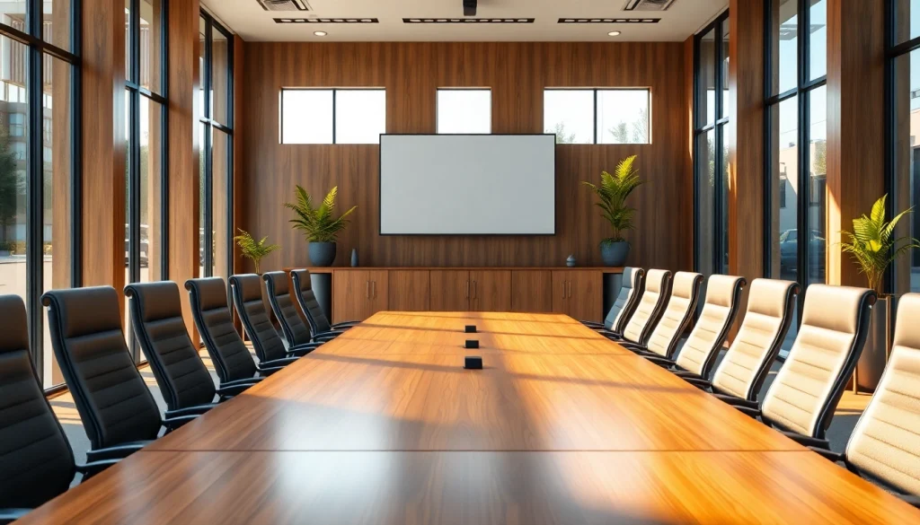 Enhance your office with elegant conference tables featuring polished wood and ergonomic chairs.