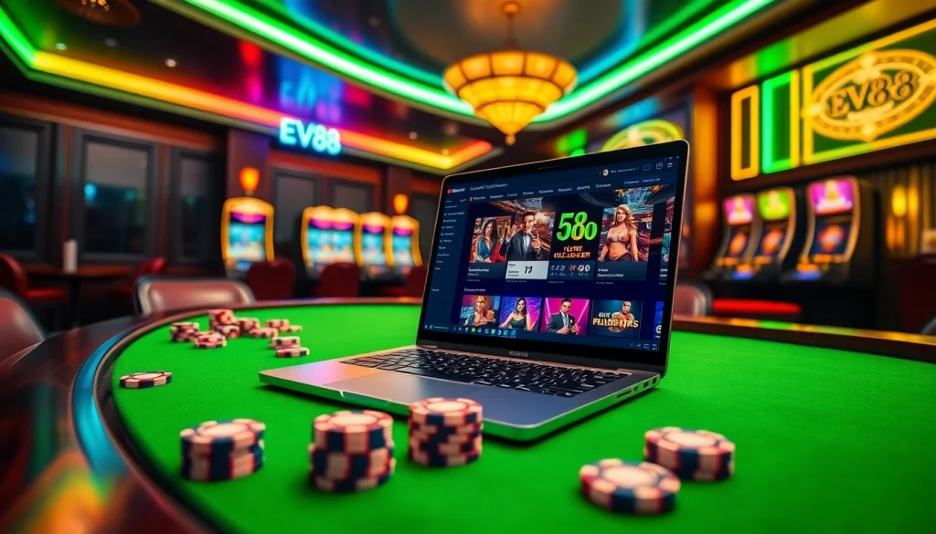 Players engaging with the luxury gaming interface of EV88 in a vibrant online casino.