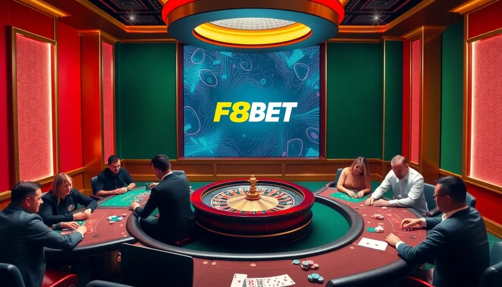 Experience thrilling gameplay at F8BET casino with poker tables and roulette wheels in a luxurious setting.