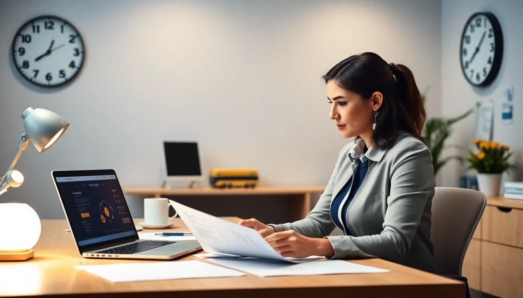 Księgowość dla firmy transportowej przedstawiona w nowoczesnym biurze, z księgowym i elementami logistyki.