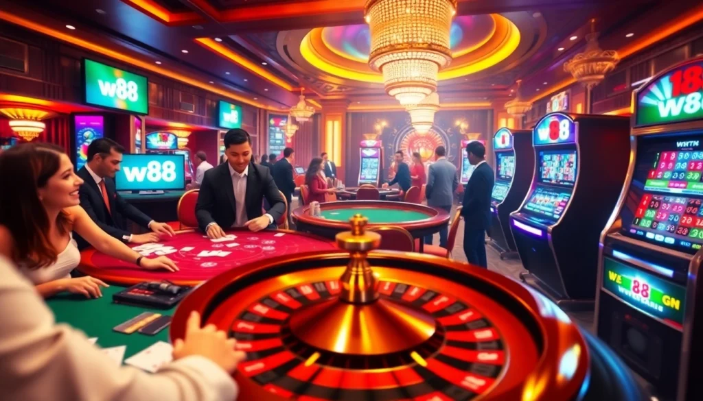 Trải nghiệm sự phấn khích của casino với các trò chơi đầy kịch tính và liên kết W88 được hiển thị nổi bật.