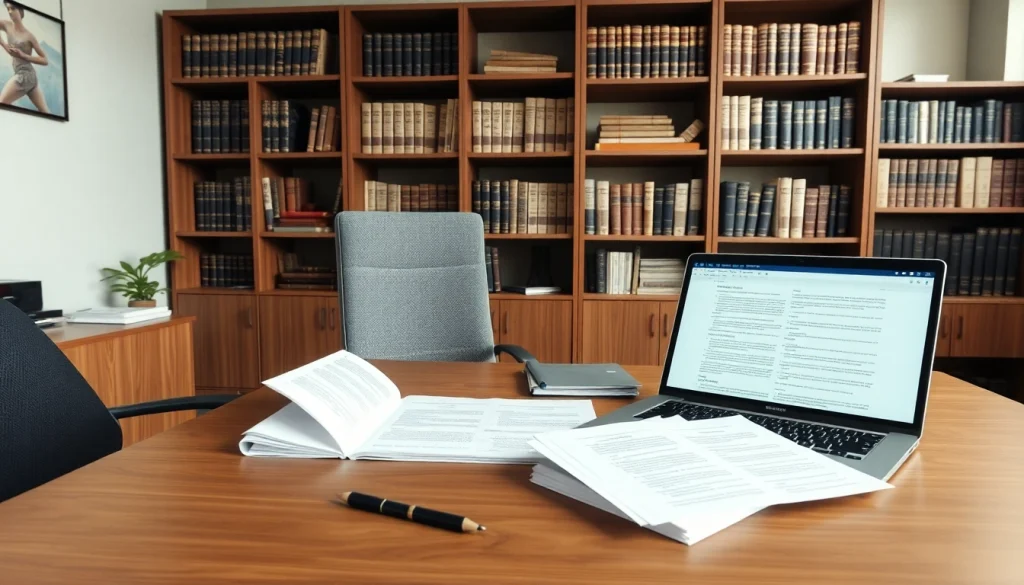 Sworn translator (beëdigd vertaler) working in a modern office with legal documents and translation software.