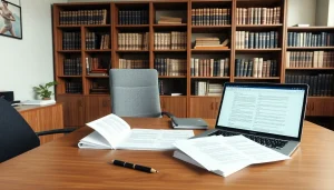 Sworn translator (beëdigd vertaler) working in a modern office with legal documents and translation software.
