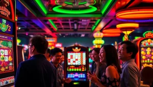 Main game display dari mahjong ways 2 dengan pemain yang bersemangat di kasino.