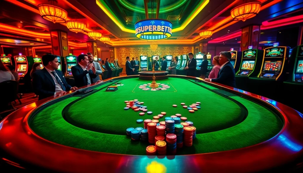 Engaging Superbet casino gameplay featuring poker tables, roulette wheels, and vibrant slot machines.