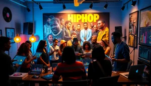 Showcasing a hip hop PR firm with a diverse team promoting artists and analyzing campaigns.
