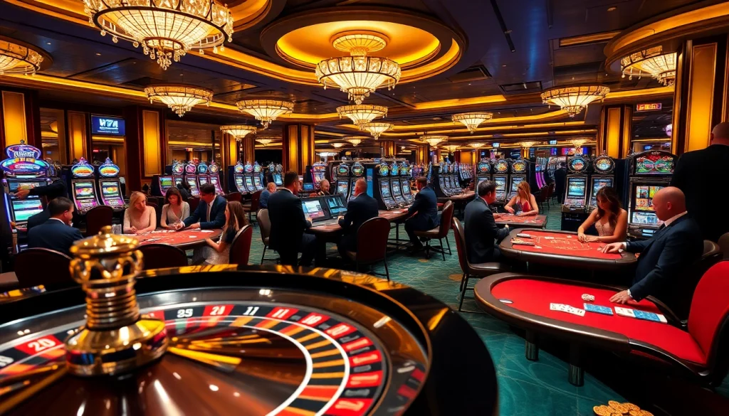 Experience the thrill at 79king casino with players engaging at roulette and poker tables.