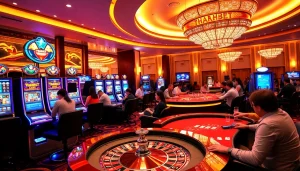 Players enjoying exciting games at thabet casino, showcasing vibrant slots and betting tables.
