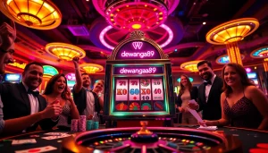 Players celebrating their wins at dewanaga89 slot login in a vibrant casino environment filled with excitement.