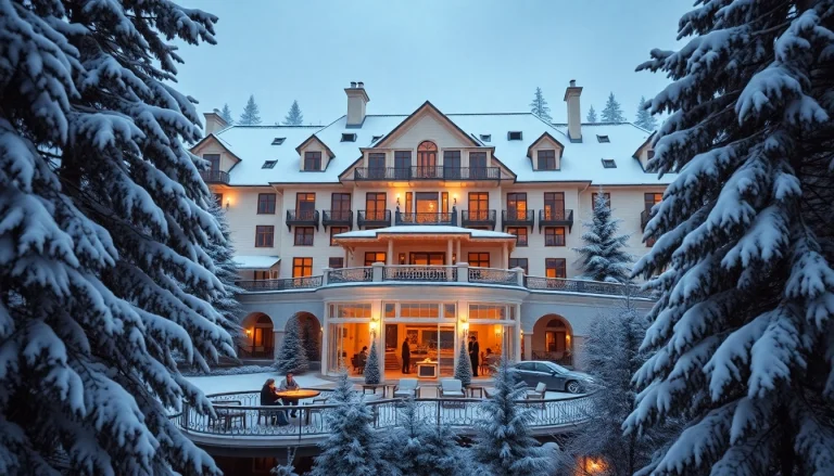 Luxury hotel in Sweden surrounded by snow, inviting ambiance and stunning architecture.