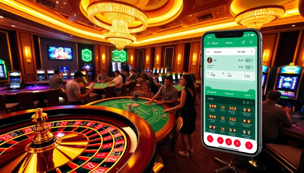 Khela88 Bangladesh players enjoying a vibrant casino atmosphere with slot machines and betting tables.