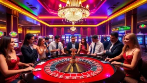 Excited players engaging around a vibrant W88 roulette table in a luxurious casino.