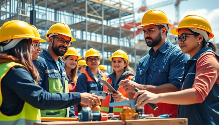 Workers engaging in construction workforce development training on a busy construction site.