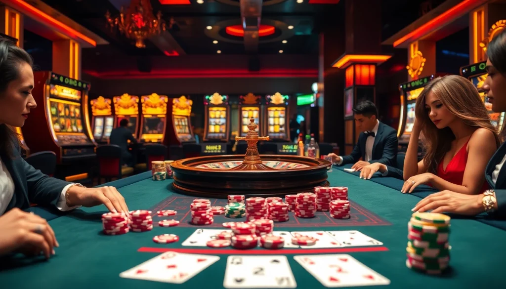 Engaged gamblers enjoying high-stakes poker and roulette at a luxurious casino inspired by https://top10nhacai.gg/.