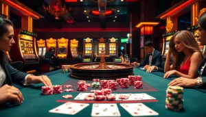 Engaged gamblers enjoying high-stakes poker and roulette at a luxurious casino inspired by https://top10nhacai.gg/.