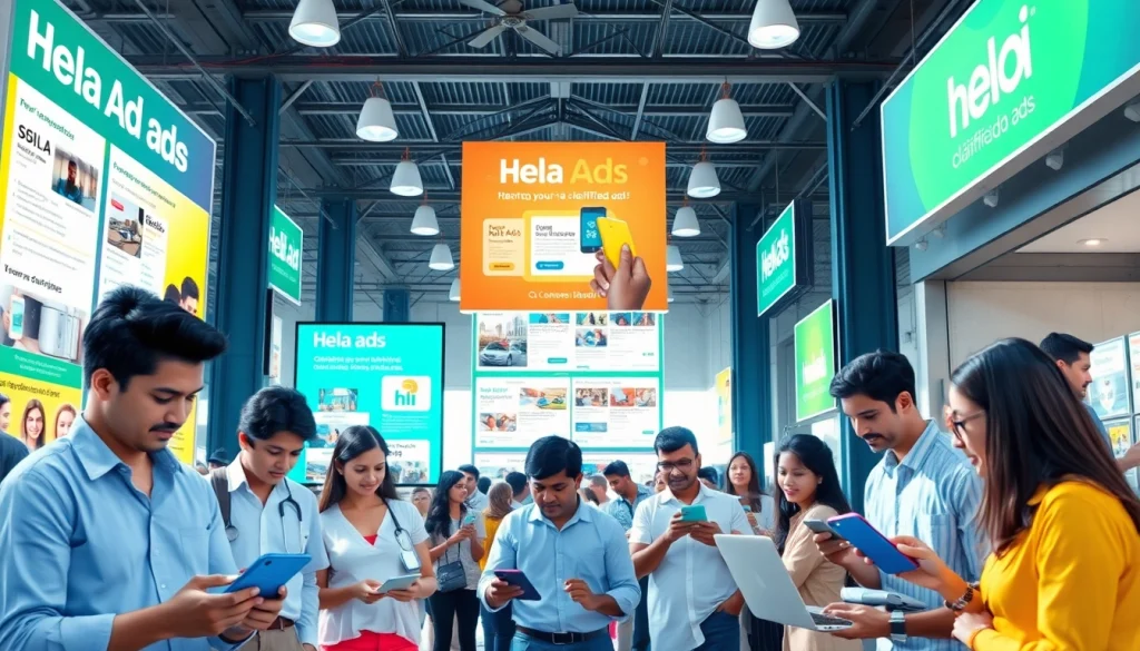Vibrant Hela Ad marketplace scene showcasing diverse individuals browsing classified ads