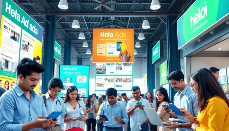 Vibrant Hela Ad marketplace scene showcasing diverse individuals browsing classified ads