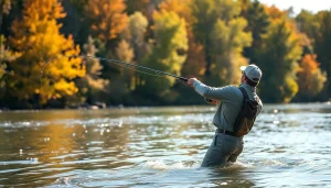 Fisherman demonstrates the use of the Best fly fishing rods over a serene river.