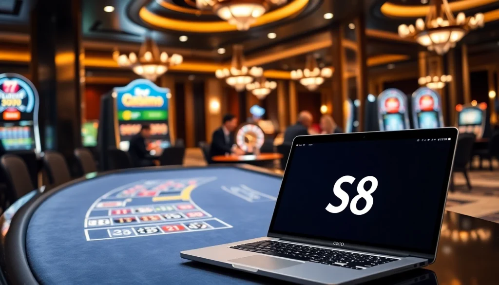 Players enjoy high-stakes gaming at S8 casino, with vibrant tables and slots lighting the scene.