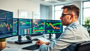 Engaged trader utilizing hotforex mt4 software with market analytics on multiple screens.