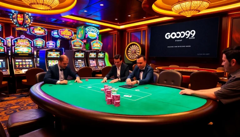 Engaging players at a luxurious table with link Go99 interface visible in a vibrant casino scene.