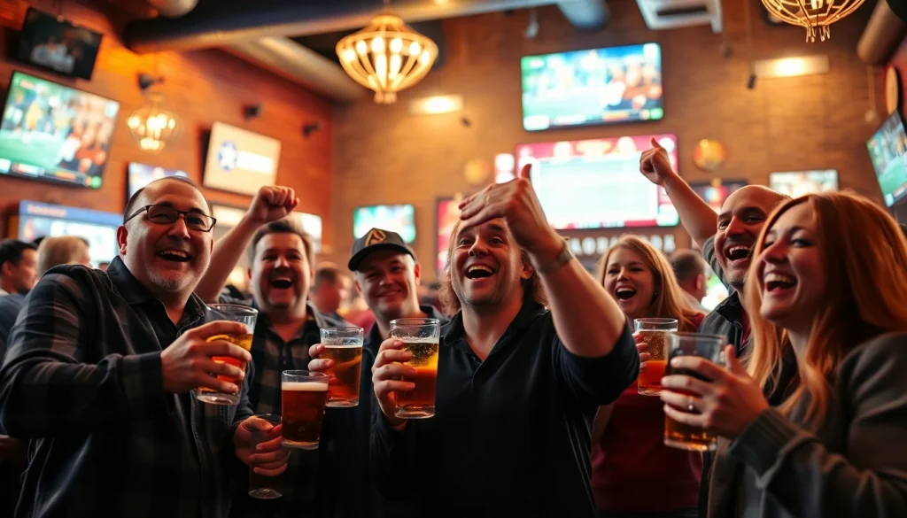 Cheering fans engaging in sports betting in Texas at a lively sports bar.