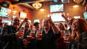 Cheering fans engaging in sports betting in Texas at a lively sports bar.
