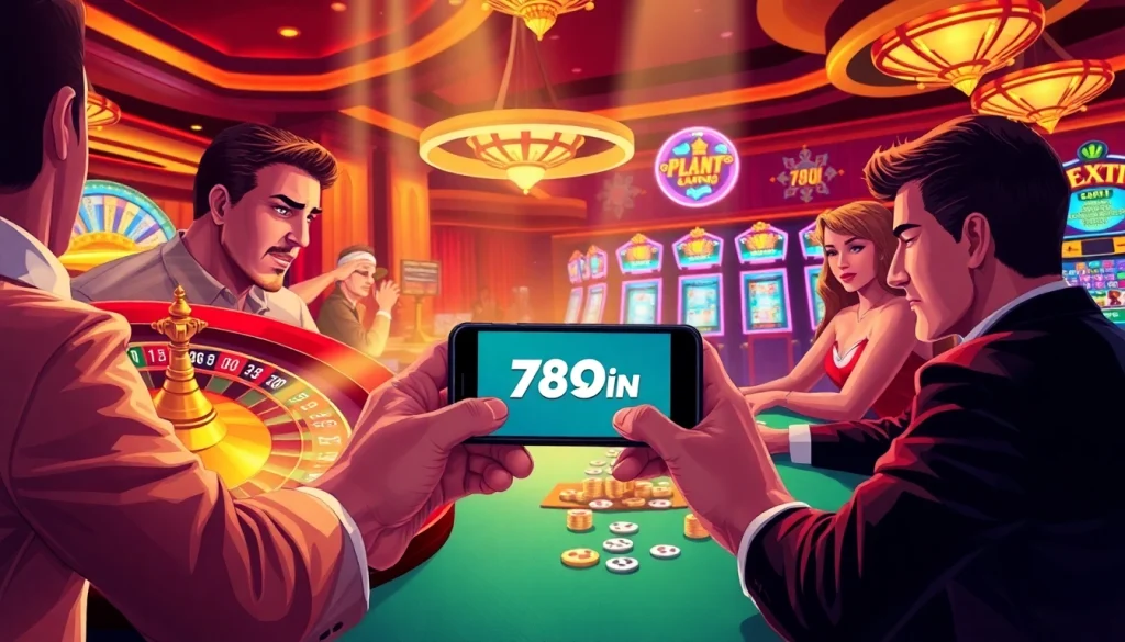 Engaging scene of players enjoying the 789win app at a luxurious casino with poker and roulette tables.
