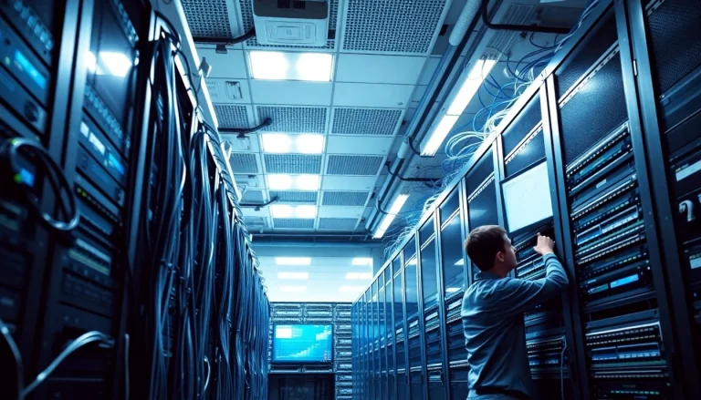 Highlighting network infrastructure with organized server racks and network switches in a professional server room.