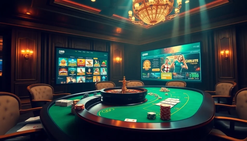 Engage with the exciting interface of Trang chủ GG88, showcasing a casino game setup with cards and roulette.