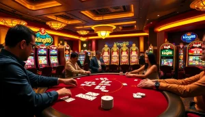 Players enjoying the excitement of king88 at a vibrant casino with lively poker and slot games.