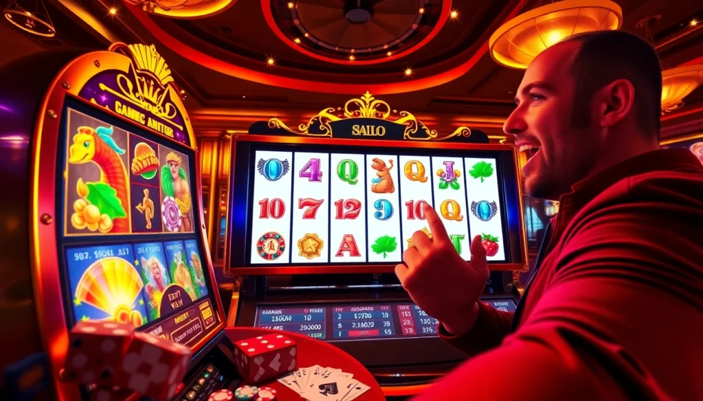 Engaging with an online 슬롯 machine, vibrant visuals showcasing excitement and luxury.