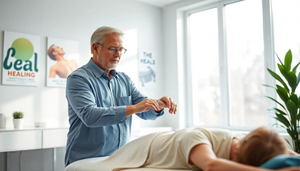 Chiropractor near me adjusting a patient's spine in a modern clinic, conveying calmness and expertise.