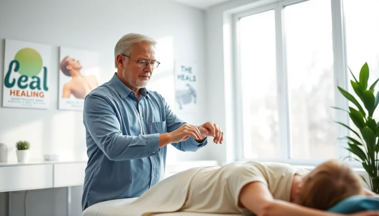 Chiropractor near me adjusting a patient's spine in a modern clinic, conveying calmness and expertise.
