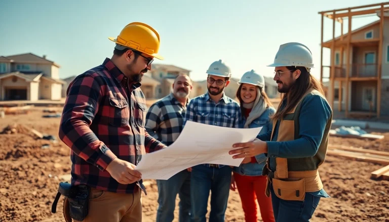 Highlighting teamwork among the Texas association of builders at a construction site with blueprints.