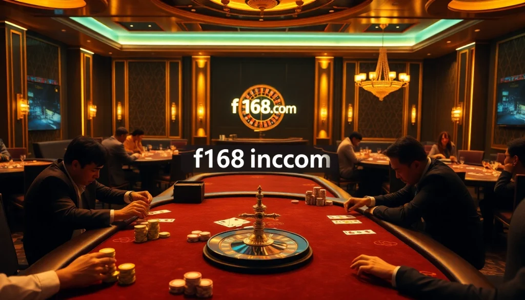 Players enjoying intense poker games at a luxurious casino, showcasing f168info.com for premium betting.