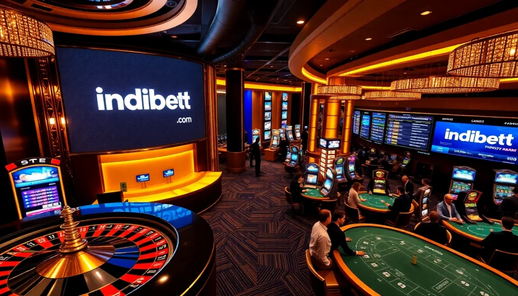 Engaging casino experience at indibet com with roulette, poker tables, and vibrant slot machines.