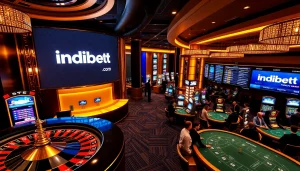 Engaging casino experience at indibet com with roulette, poker tables, and vibrant slot machines.