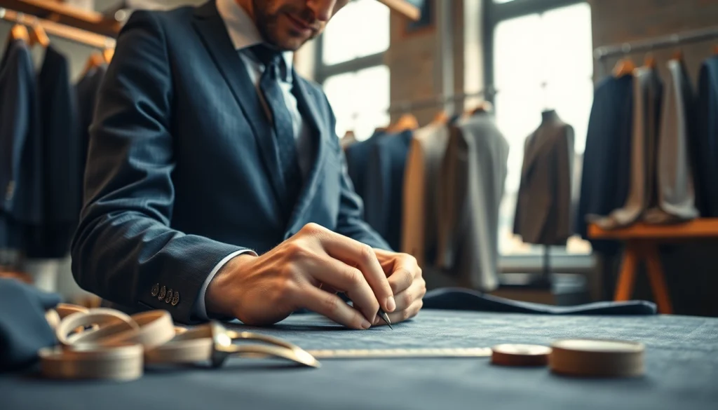 Tailor made bespoke suits being crafted with precision and care in a bright workshop.