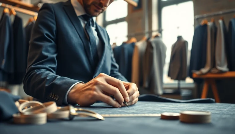 Tailor made bespoke suits being crafted with precision and care in a bright workshop.
